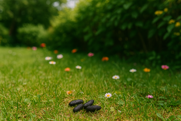 Crottes de hérisson dans un jardin verdoyant, symbole de biodiversité.