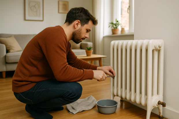 Personne purgant un radiateur en fonte dans un salon moderne