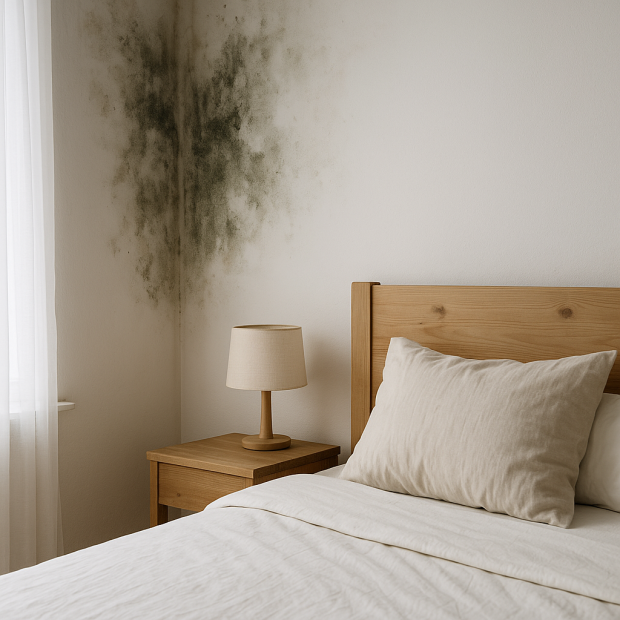 Taches de moisissure dans l’angle d’une chambre près d’une fenêtre, lit en bois et lampe de chevet — problème d’humidité à traiter