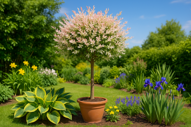 Un saule crevette sur tige avec son feuillage coloré, entouré de fleurs vivaces dans un jardin ensoleillé.