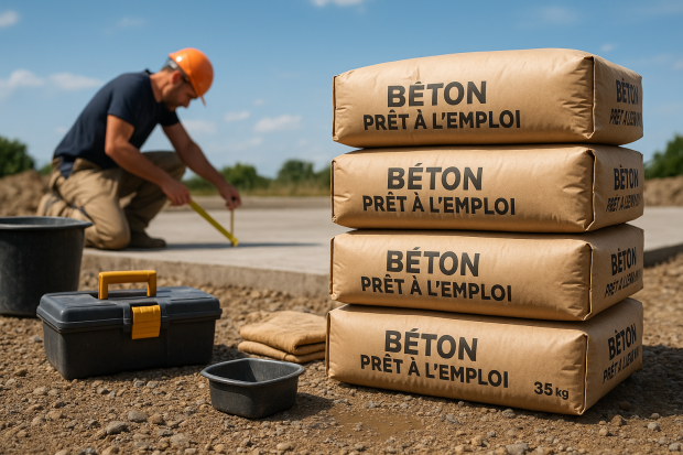 Des sacs de béton prêt à l'emploi empilés sur un chantier, avec un ouvrier mesurant une dalle en béton.