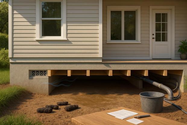 Espace de vide sanitaire sous une maison moderne illustrant la circulation d'air et la protection contre l'humidité."